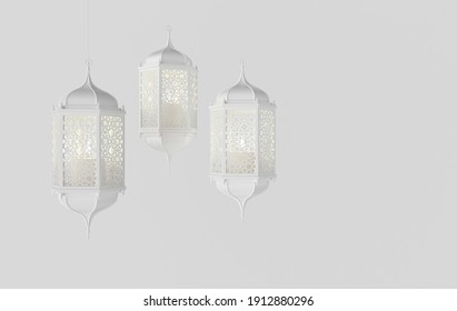 White Lantern With Candle, Lamp With Arabic Decoration, Arabesque Design. Concept For Islamic Celebration Day Ramadan Kareem Or Eid Al Fitr Adha. 3d Rendering Illustration