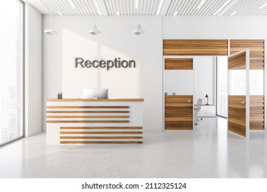 White and light oak wooden decoration elements of bright office reception area with a front desk. Panoramic windows with financial downtown city view. 3d rendering