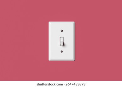 White light switch on pink wall represents concepts like turning ideas on and off, making decisions, and controlling creative flow. 3D render.