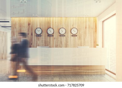 White and light wood office lobby with a long reception counter and clocks showing world time on a wall. Poeple. 3d rendering mock up toned image double expsoure