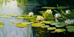 White Lily Oil Painting Beautiful Scenery Quit Pond. Nature Landscape Blooming Lake Flowers Water Sunny Summer Weather Interior Poster Design Illustration