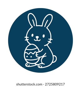 A white line drawing of a cute Easter bunny holding a decorated egg in a blue circle