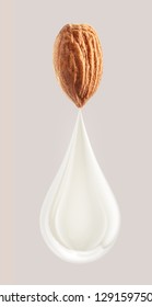 White Liquid Almond Milk Or Cream Droplet And Almond Nut Isolated. Glossy Almond Milk, Cream Drop. Liquid Droplet Design Element. Clipping Path. 3D Render