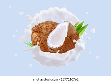 White Liquid Fresh Coconut Milk Splash With Coconuts Isolated. Glossy Shining Milk, Healthy Coconut Milk, Cream, Shampoo, Cosmetic Soap Splash. Liquid Splash Label Design Element. Clipping Path. 3D