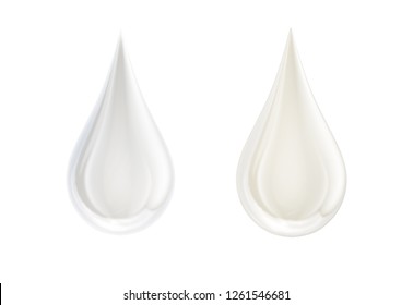 White Liquid Fresh Milk Or Cream Droplets Isolated On White. Glossy Shining Milk, Almond Milk, Cream, Shampoo, Cosmetic Soap, White Paint Drop. Liquid Droplet Design Element. Clipping Path. 3D Render