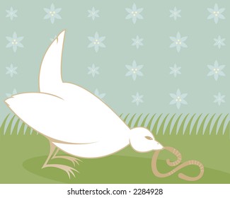 White little bird with a worm in his beak - soft pastel colors and a flower pattern in the blue sky - also illustrates the phrase, "The early bird gets the worm"