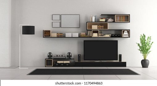 White living room with bookcase and tv - 3d rendering