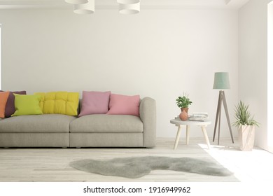 White Living Room With Colorful Sofa. Scandinavian Interior Design. 3D Illustration