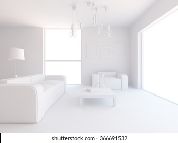 White Living Room Interior. 3d Concept