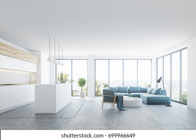 White Living Room Interior With A Blue Sofa, An Armchair And A Small Round Table. Panoramic Windows, A Bar Stand. 3d Rendering Mock Up