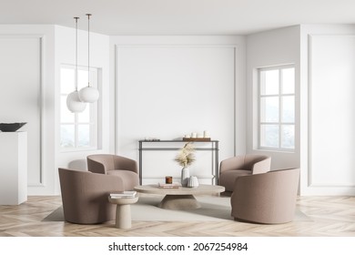 White living room interior with four beige armchairs, two coffee tables, frame sideboard, empty wall and two windows. Parquet floor. Concept of modern house design. 3d rendering
