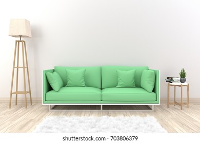 White living room interior with green fabric sofa, lamp, cabinet  and plants on empty white wall background.3d rendering. - Shutterstock ID 703806379