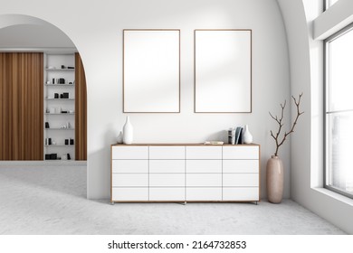 White Living Room Interior With Shelf And Sideboard On Light Concrete Floor. Art Space With Decoration And Books In Modern Apartment. Panoramic Window On City View. Mock Up Poster, 3D Rendering