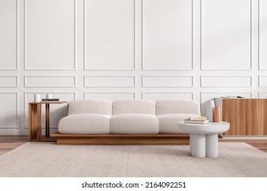 White Living Room Interior With Sofa, Coffee Table On Carpet, Stand And Wooden Dresser With Decoration. Cosy Lounge Zone In Luxury Apartment, 3D Rendering