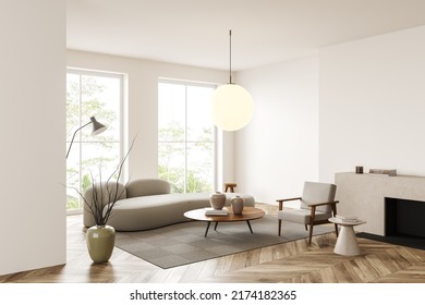 White Living Room Interior With Sofa And Armchair, Side View, Coffee Table On Carpet, Hardwood Floor. Fireplace, Lamp And Panoramic Window On Tropics View. 3D Rendering