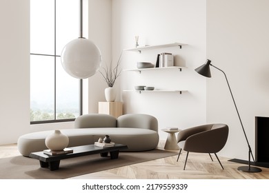 White Living Room Interior With Sofa And Armchair, Side View, Shelf And Coffee Table With Art Decoration, Carpet On Hardwood Floor. Panoramic Window On Countryside. 3D Rendering