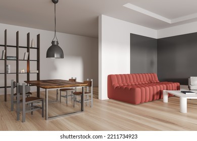 White Living Room Interior With Sofa And Dining Table, Side View On Hardwood Floor. Shelf And Coffee Table With Art Decoration. 3D Rendering