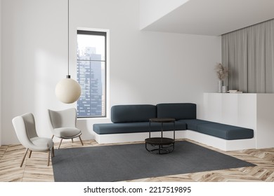 White Living Room Interior With Sofa, Armchairs With Coffee Table, Side View. Panoramic Window On Singapore City View. Mockup Empty Wall. 3D Rendering