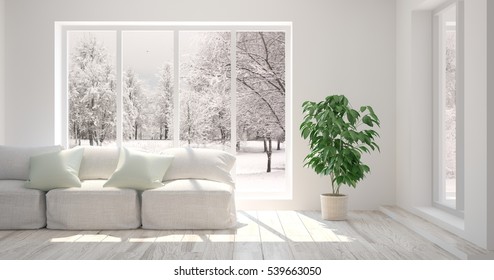 White living room interior with sofa and winter landscape in window. Scandinavian home design. 3D illustration
