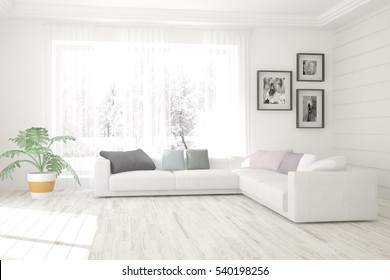 White living room interior with sofa and winter landscape in window. Scandinavian home design. 3D illustration