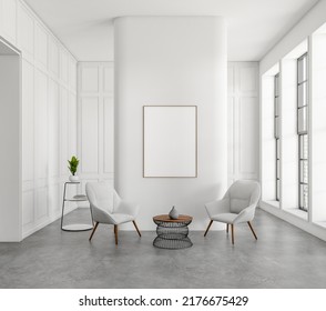 White Living Room Interior, Two Armchairs And Coffee Table With Stand, Grey Concrete Floor. Panoramic Window On City View. Mock Up Blank Poster. 3D Rendering