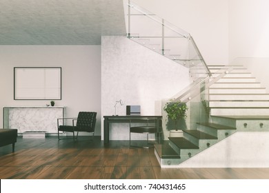 White living room interior with a wooden floor, a staircase, a leather armchair and a marble fireplace with a horizontal poster above it. 3d rendering mock up toned image - Shutterstock ID 740431465