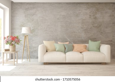 Weißes Wohnzimmer mit Sofa. Skandinavisches Innendesign. 3D-Illustration