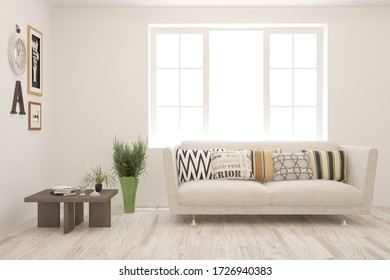 Weißes Wohnzimmer mit Sofa. Skandinavisches Innendesign. 3D-Darstellung