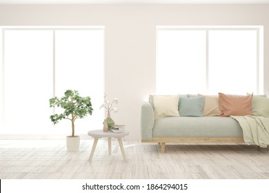 White living room with sofa. Scandinavian interior design. 3D illustration - Shutterstock ID 1864294015