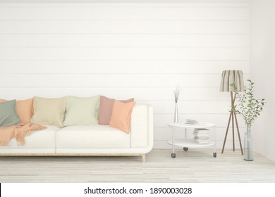 White Living Room With Sofa. Scandinavian Interior Design. 3D Illustration