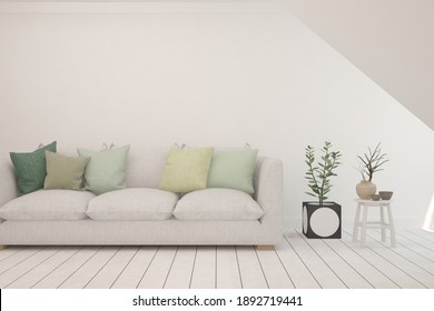 White Living Room With Sofa. Scandinavian Interior Design. 3D Illustration