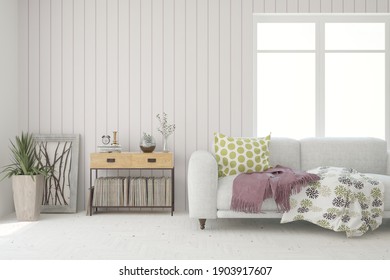 White living room with sofa. Scandinavian interior design. 3D illustration - Shutterstock ID 1903917607