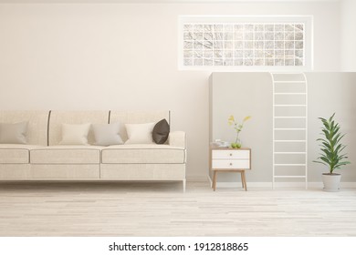 White Living Room With Sofa. Scandinavian Interior Design. 3D Illustration