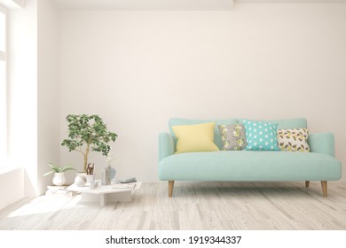 White Living Room With Sofa. Scandinavian Interior Design. 3D Illustration