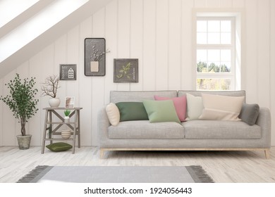 Weißes Wohnzimmer mit Sofa. Skandinavisches Innendesign. 3D-Illustration