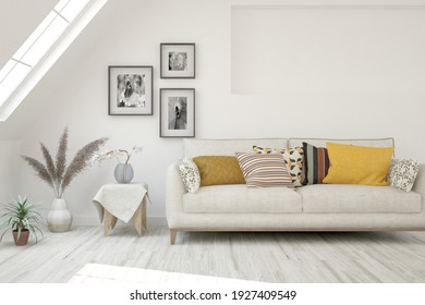 White living room with sofa. Scandinavian interior design. 3D illustration - Shutterstock ID 1927409549