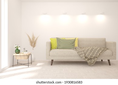 White Living Room With Sofa. Scandinavian Interior Design. 3D Illustration