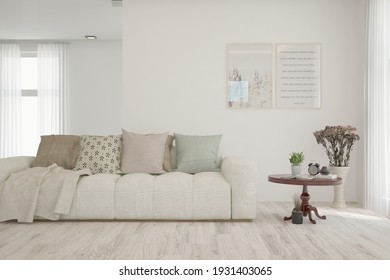 White Living Room With Sofa. Scandinavian Interior Design. 3D Illustration