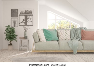 White living room with sofa. Scandinavian interior design. 3D illustration - Shutterstock ID 2032610333
