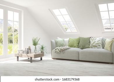 Weißes Wohnzimmer mit Sofa und Sommerlandschaft im Fenster. Skandinavisches Innendesign. 3D-Illustration