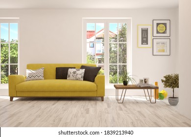 White living room with sofa and summer landscape in window. Scandinavian interior design. 3D illustration - Shutterstock ID 1839213940
