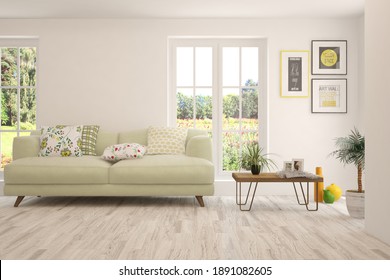 White living room with sofa and summer landscape in window. Scandinavian interior design. 3D illustration - Shutterstock ID 1891082605