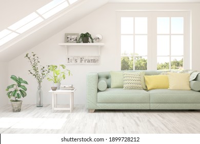 White Living Room With Sofa And Summer Landscape In Window. Scandinavian Interior Design. 3D Illustration