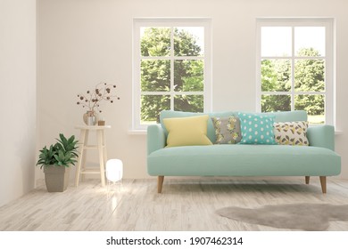 White Living Room With Sofa And Summer Landscape In Window. Scandinavian Interior Design. 3D Illustration