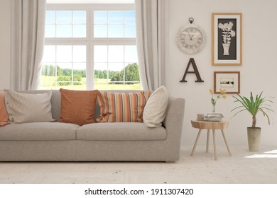 White living room with sofa and summer landscape in window. Scandinavian interior design. 3D illustration - Shutterstock ID 1911307420