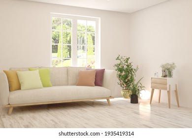 Weißes Wohnzimmer mit Sofa und Sommerlandschaft im Fenster. Skandinavisches Innendesign. 3D-Illustration