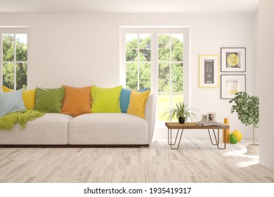 White living room with sofa and summer landscape in window. Scandinavian interior design. 3D illustration - Shutterstock ID 1935419317