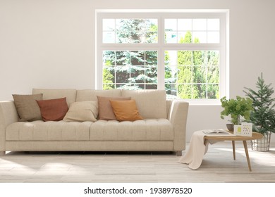 White Living Room With Sofa And Summer Landscape In Window. Scandinavian Interior Design. 3D Illustration