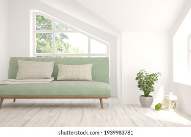 White Living Room With Sofa And Summer Landscape In Window. Scandinavian Interior Design. 3D Illustration