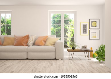 White living room with sofa and summer landscape in window. Scandinavian interior design. 3D illustration - Shutterstock ID 1955501563